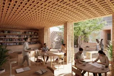 École en brique, espace commun — rendu intérieur