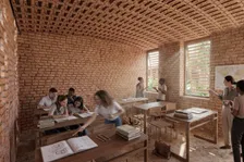 École en brique, salle de classe — rendu intérieur