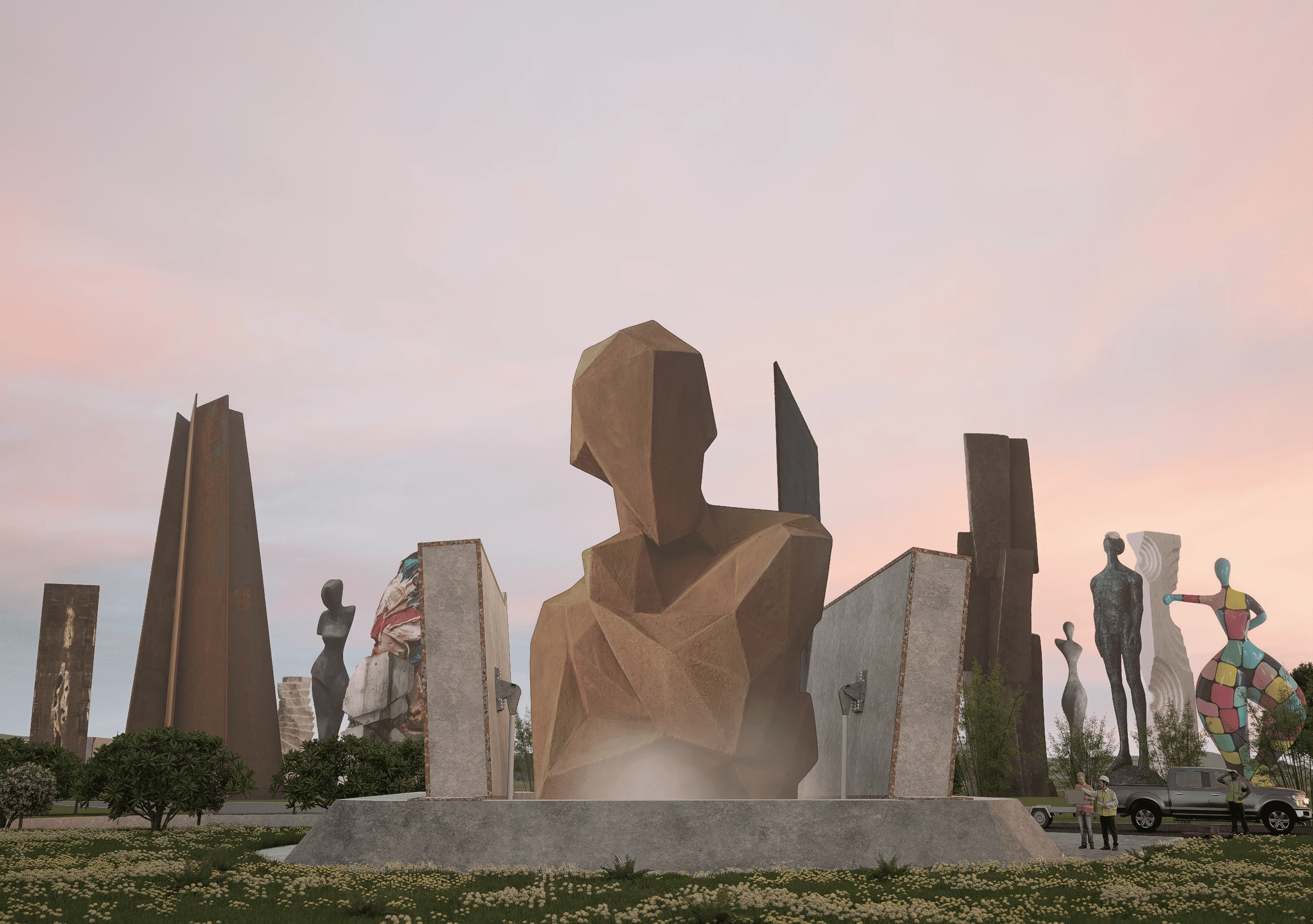 Concours Make art not war, parvis de sculptures monumentales au crépuscule — rendu