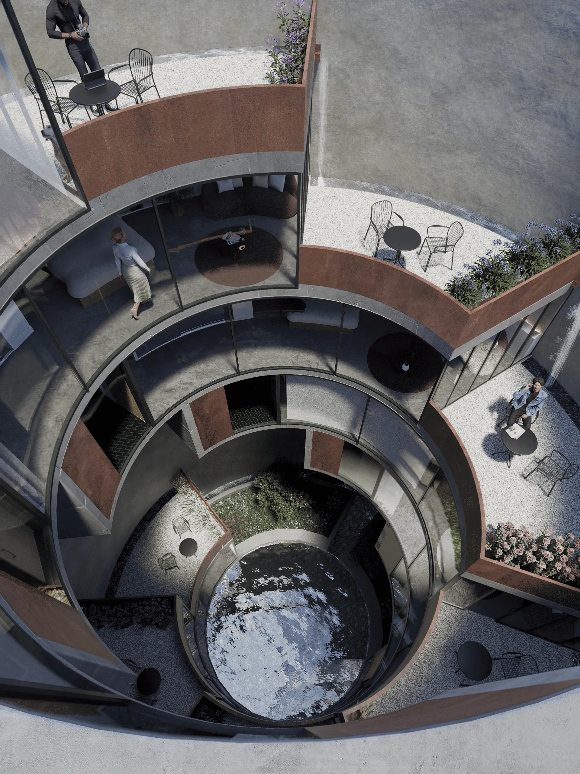 Cour circulaire en spirale vue du dessus — rendu Impulso
