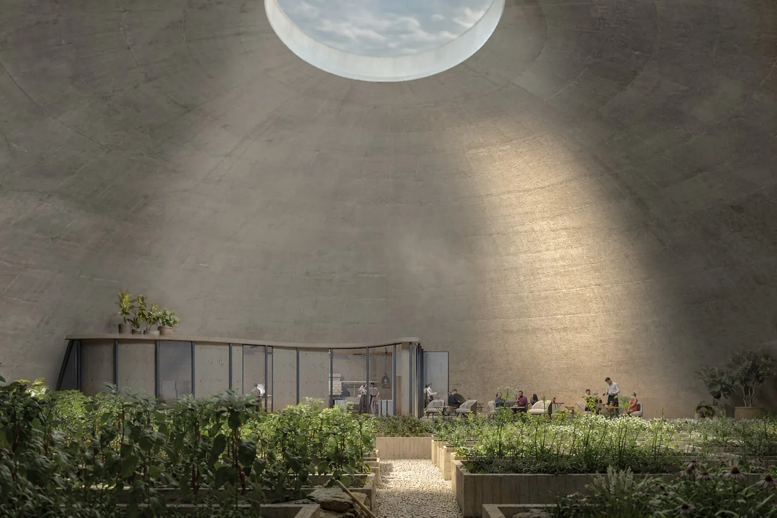 Dôme en béton percé d'un puits de lumière zénithal, potager en contrebas — rendu Impulso