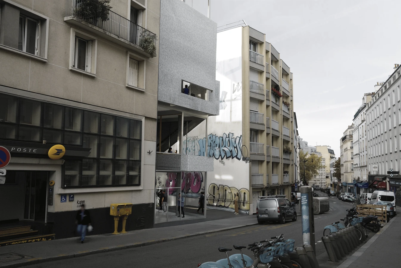 Logements étudiants insérés dans une rue parisienne existante — photomontage
