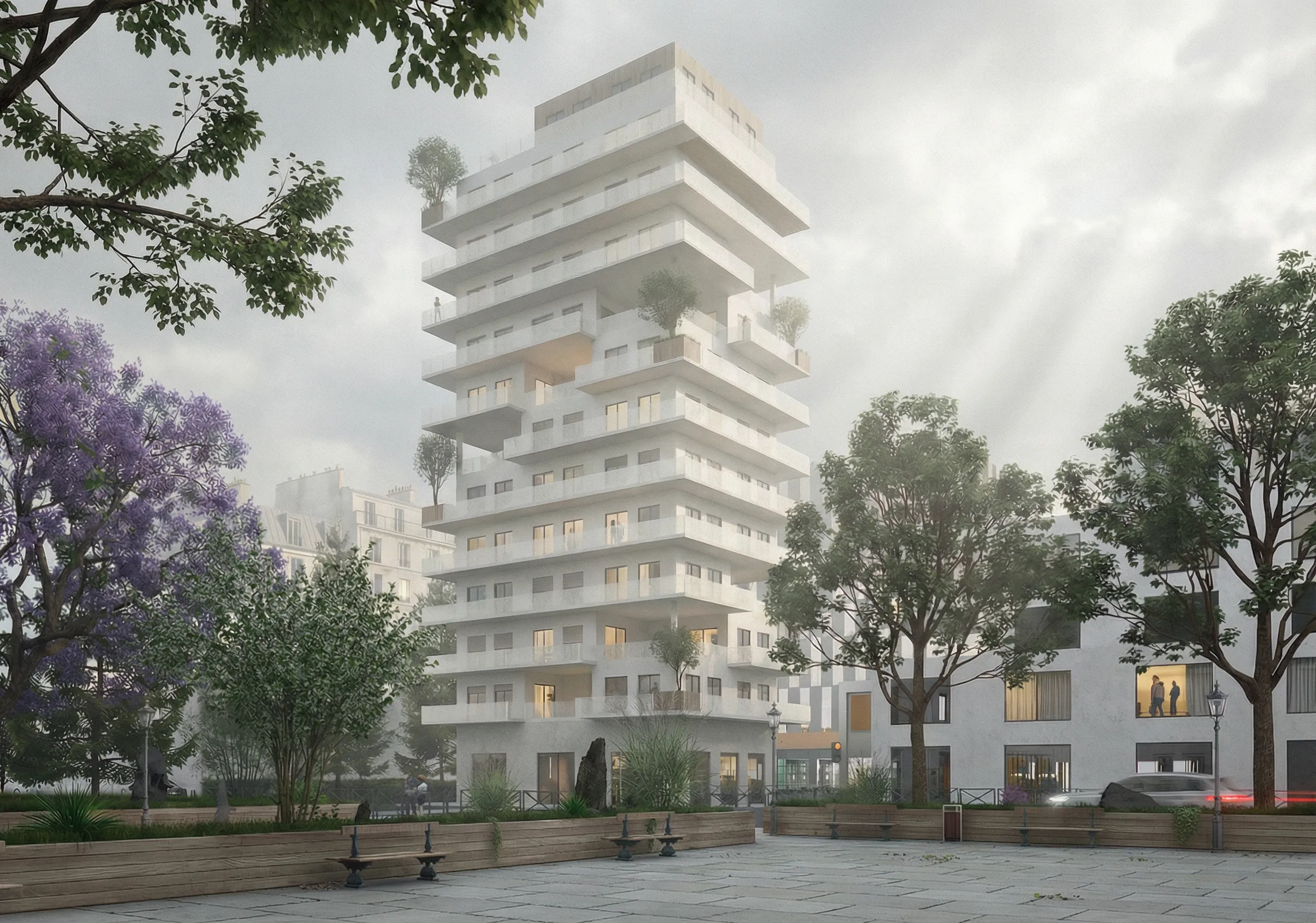 Immeuble de logements en surplomb, place arborée — rendu extérieur