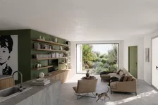 Séjour et bibliothèque, dominante verte — rendu intérieur