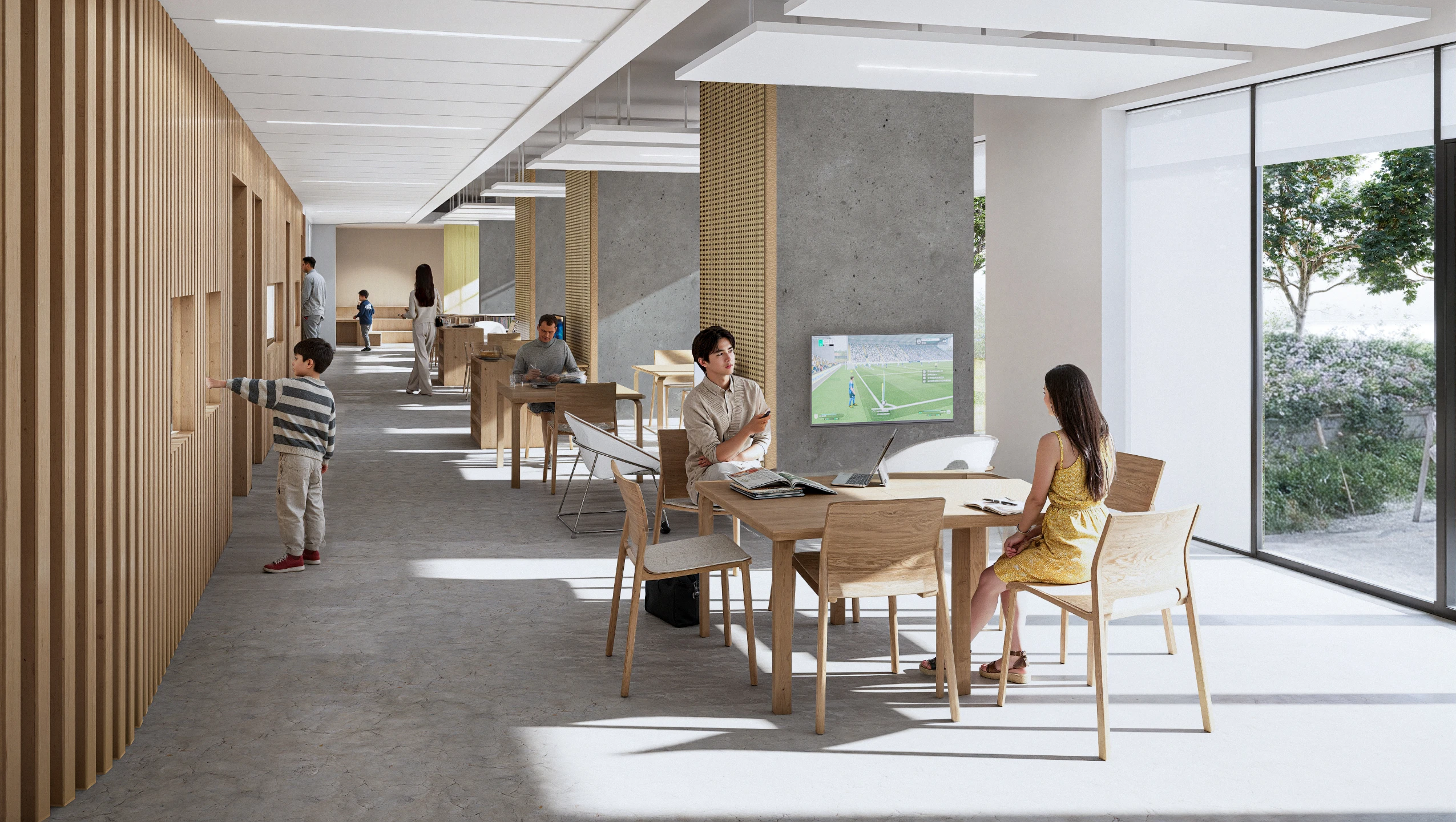 Médiathèque d'Alfortville, salle de lecture bordée de bois — rendu intérieur