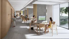 Médiathèque d'Alfortville, salle de lecture bordée de bois et vitrée sur jardin — rendu intérieur