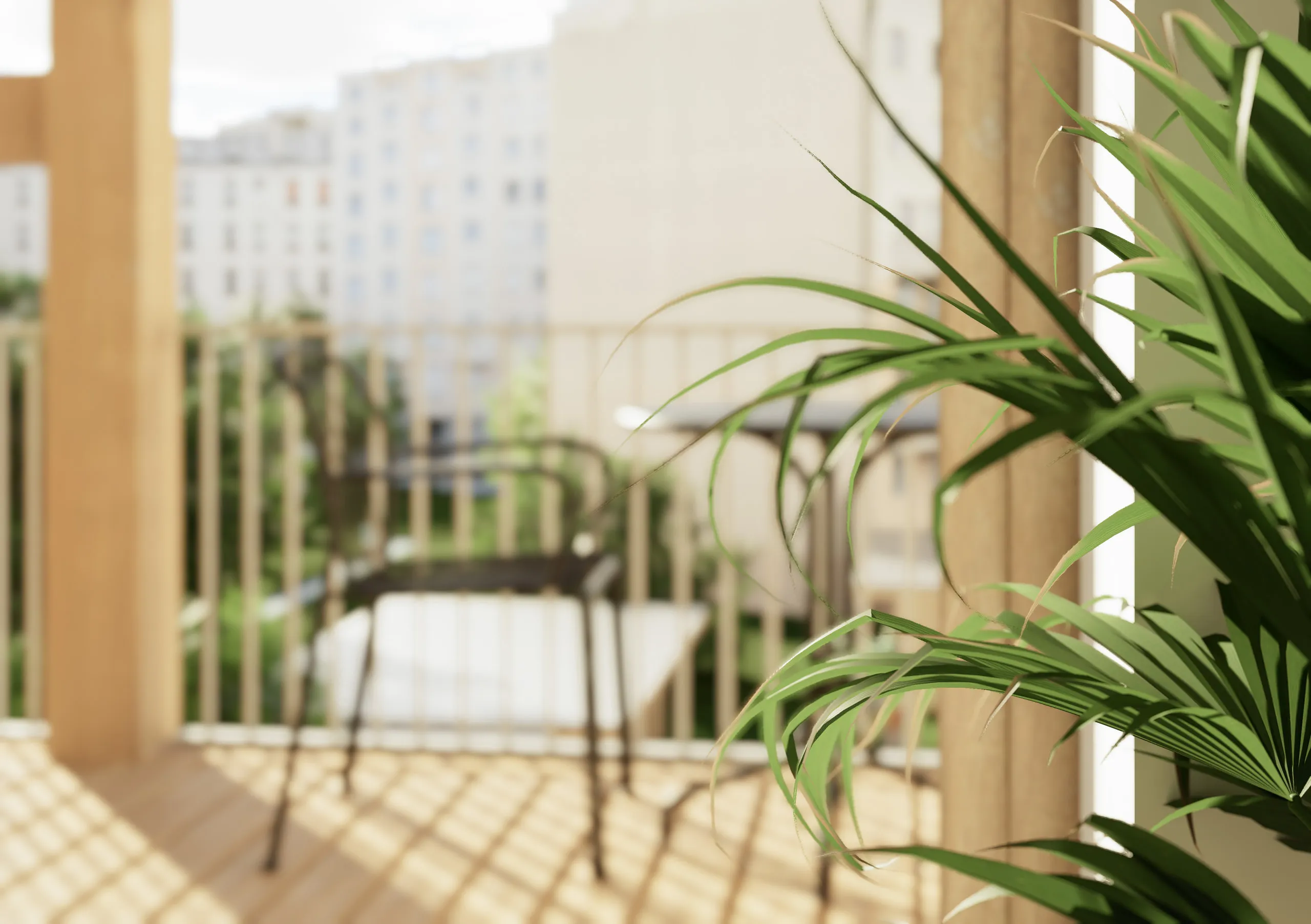 Balcon planté et son mobilier, vue vers le cœur d'îlot — Paris, France