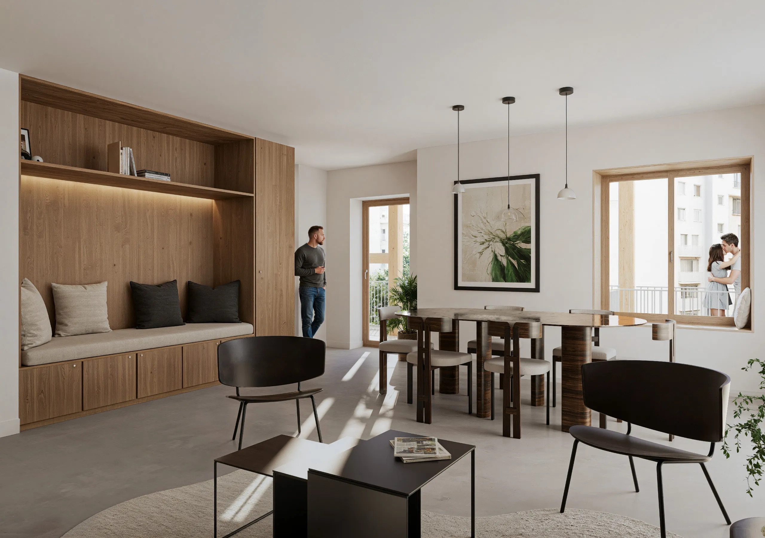 Banquette et rangements en chêne, coin repas ouvert sur le balcon — Paris, France