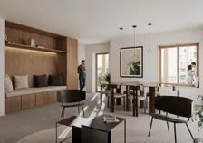 Parcours communautaire, banquette de chêne et coin repas — rendu intérieur