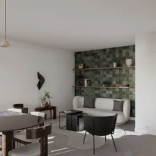 Parcours communautaire, salon et mur de céramique verte en écailles — rendu intérieur