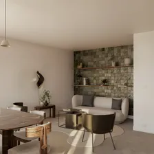 Parcours communautaire, salon et mur de céramique verte — rendu intérieur
