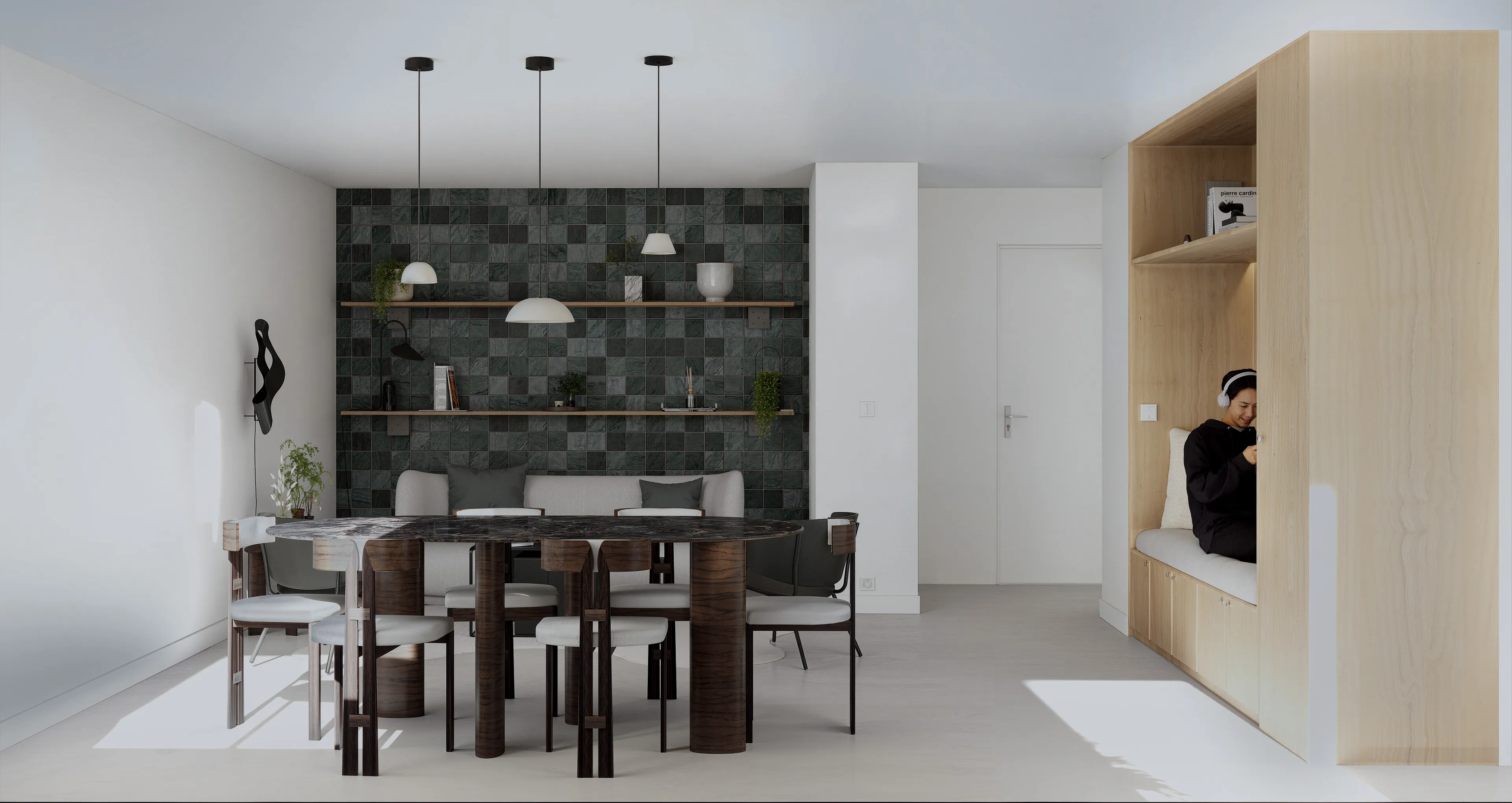 Séjour, banquette bois et coin repas en enfilade — Paris, France