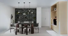 Parcours communautaire, séjour et coin repas en enfilade — rendu intérieur