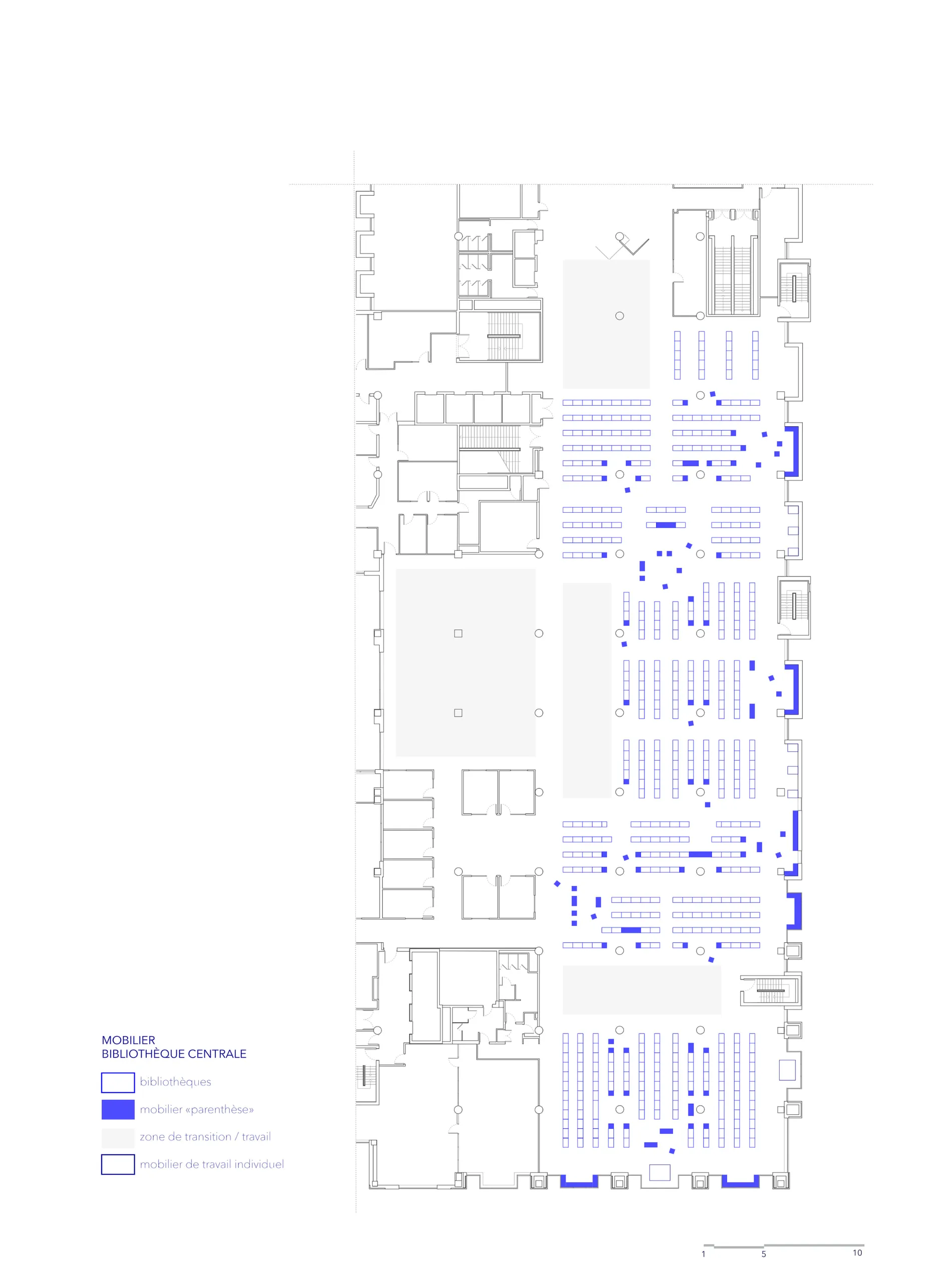 Plan de mobilier de la bibliothèque centrale, implantation des modules Parenthèse dans les rayonnages — Montréal, Canada