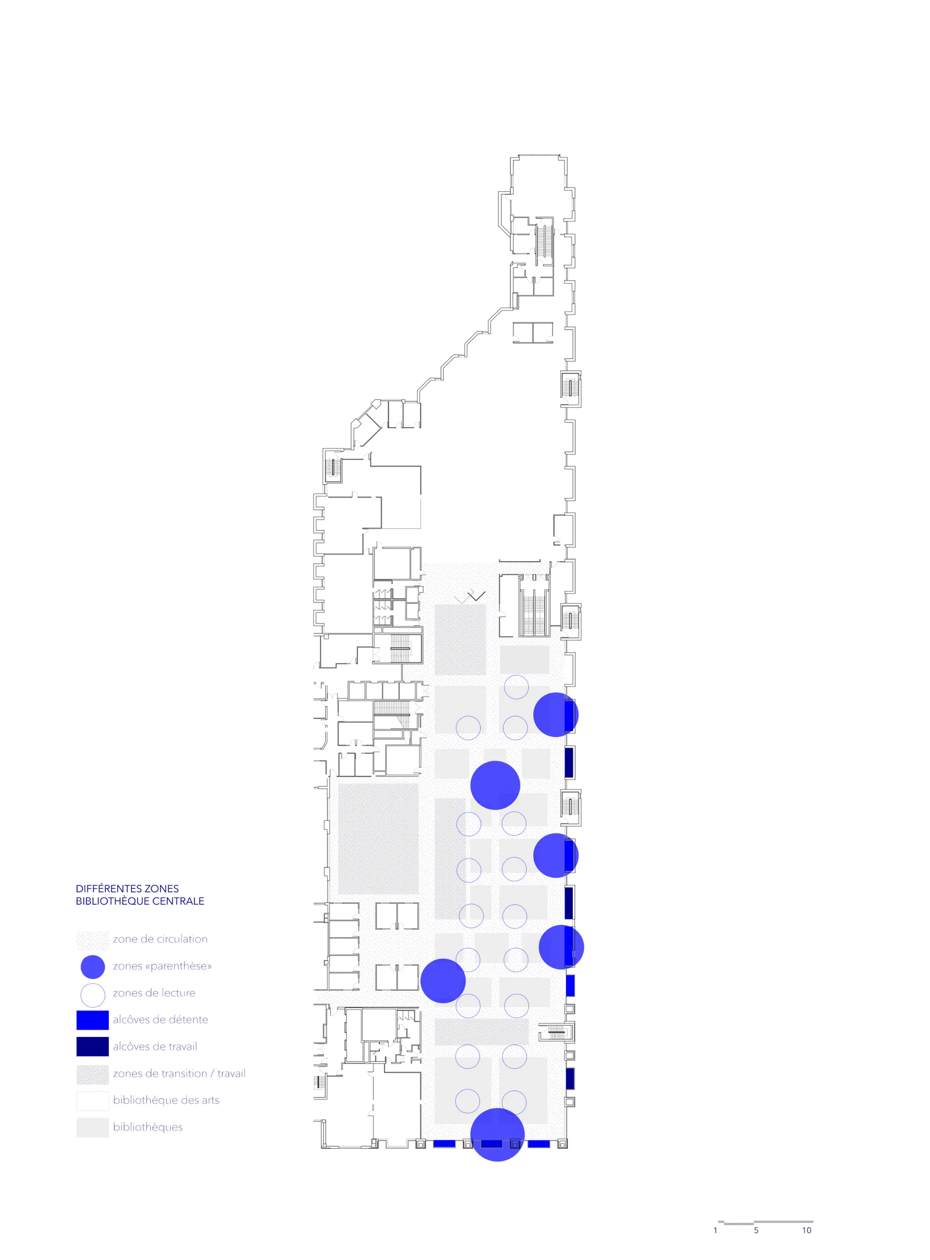 Plan de zonage de la bibliothèque centrale : circulation, lecture, alcôves et zones « parenthèse » — Montréal, Canada
