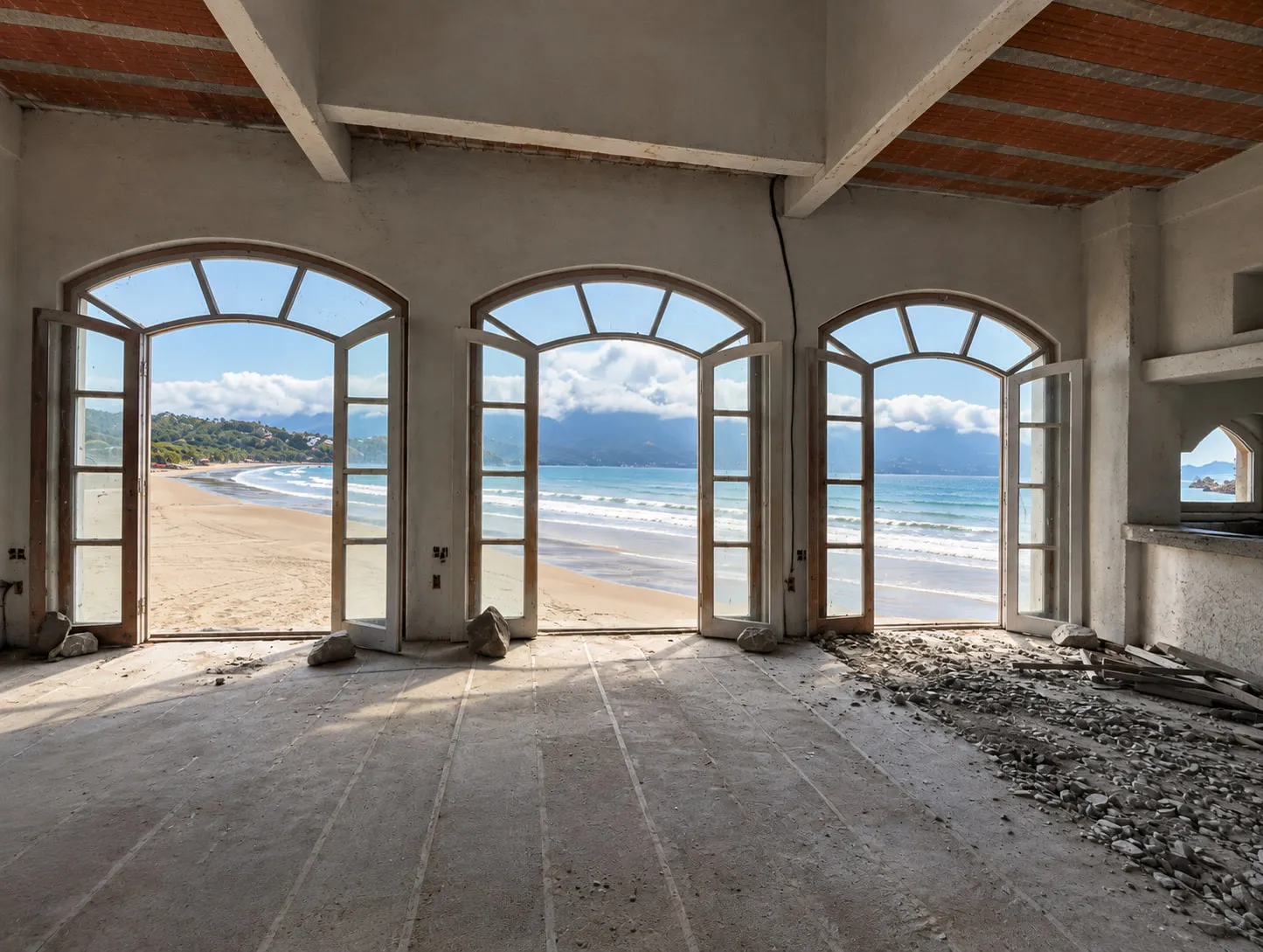 État existant : les trois baies cintrées ouvertes sur la baie avant travaux — São Sebastião, Brésil