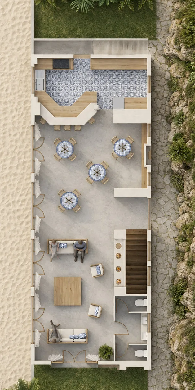 Plan habité de la salle, du bar aux carreaux jusqu'aux banquettes côté plage — São Sebastião, Brésil