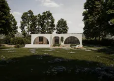 Villa contemporaine, vue extérieure au crépuscule
