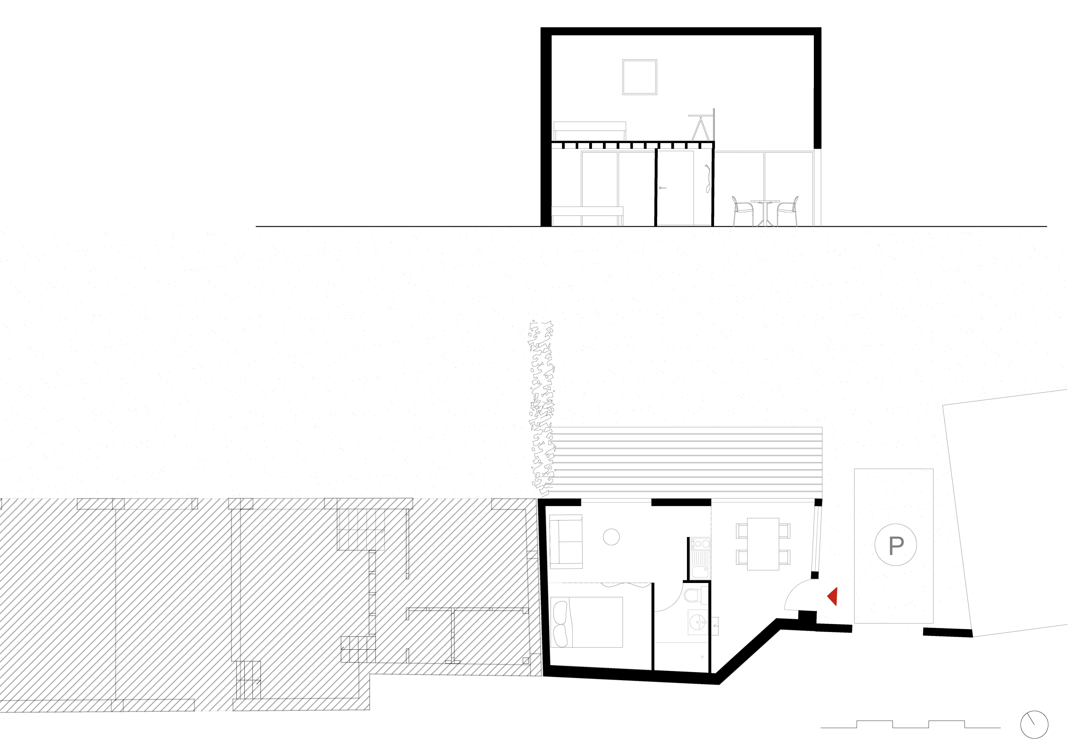 Coupe et plan du studio en location courte durée, adossé à la maison — Panilleuse, France